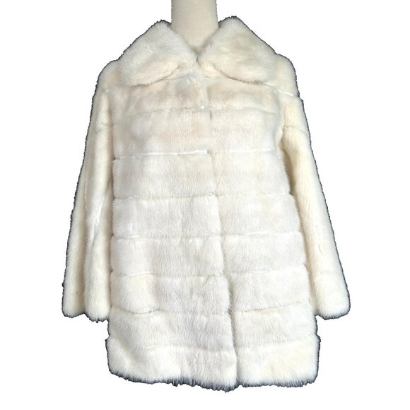 Vintage 70s  Marshall Fields Mod Cream Rabbit Fur Leather Coat  12 "Bell Sleeves - Picture 1 of 15